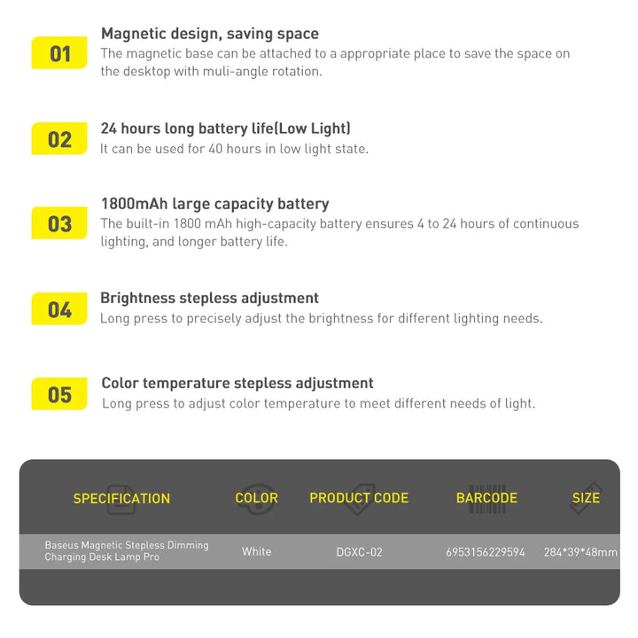 Baseus Magnetic Desk Lamp Hanging LED Table Lamp Chargeable Stepless Dimming Cabinet Night Light Closet Wardrobe Study Read Lamp